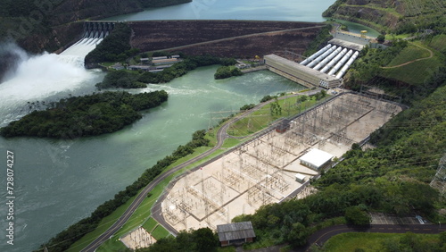 Brazil Rio Grande São Paulo Nature with Hydroelectric Power Plant Generating Energy with Open Floodgate Drone Video
