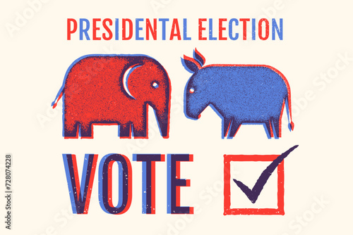 Vector vintage banner for 2024 presidential election in USA. Vector illustration of elephant and donkey. Vote