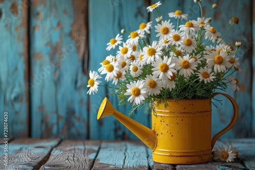 A rustic and grunge composition featuring a metal watering can as a vase, holding a fresh bouquet of daisies.