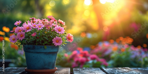 In a lush yard, potted flowers thrive in the morning sunlight, enhancing the outdoor ambiance.