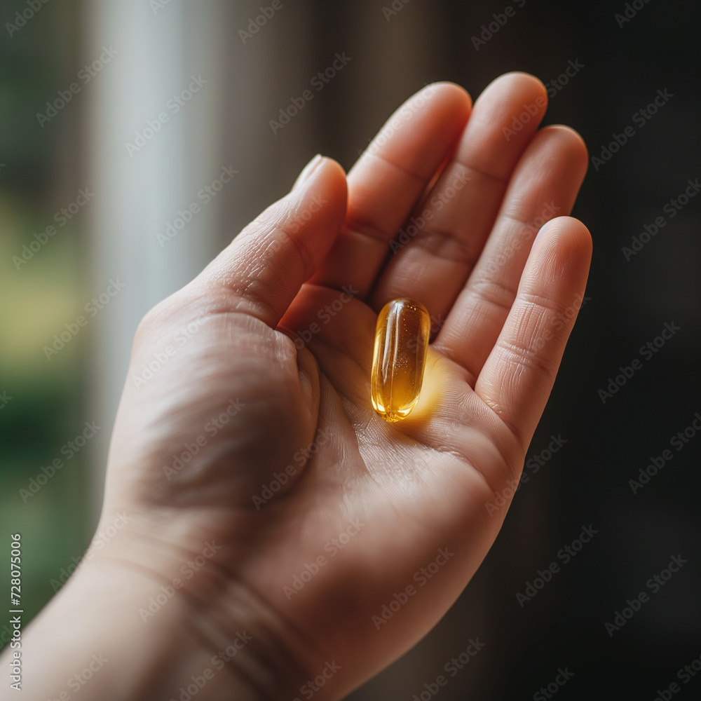 Hand holding an omega-3 supplement, emphasizing personal health care and the importance of nutritional choices Hand holding an omega-3 supplement, emphasizing personal health care and the importance of nutritional choices