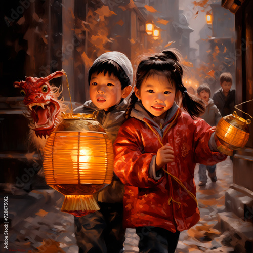 Little asian girl with red paper lanterns on Chinese New Year with dancing lion