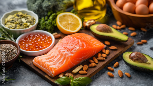 Sources of omega-3 fatty acids. Red fish, avocado, caviar, nuts, seeds