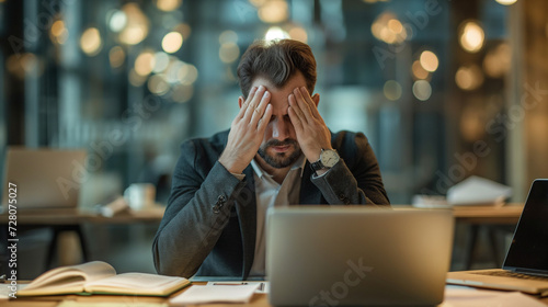 Overworked professional office worker rubbing temples, paperwork and laptop in the background. Stress and persistence of overtime work