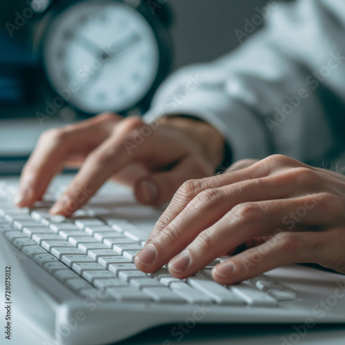 Close-up of a person's hands typing on a keyboard with a clock indicating late hours