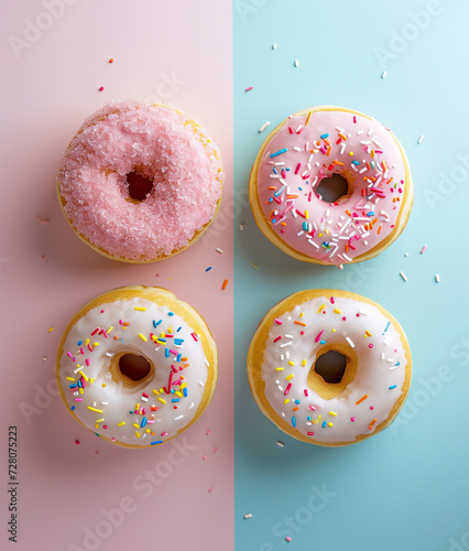 Doughnuts on pink and blue background, top view	