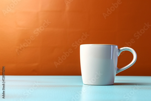 White mug on a blue surface with an orange background.