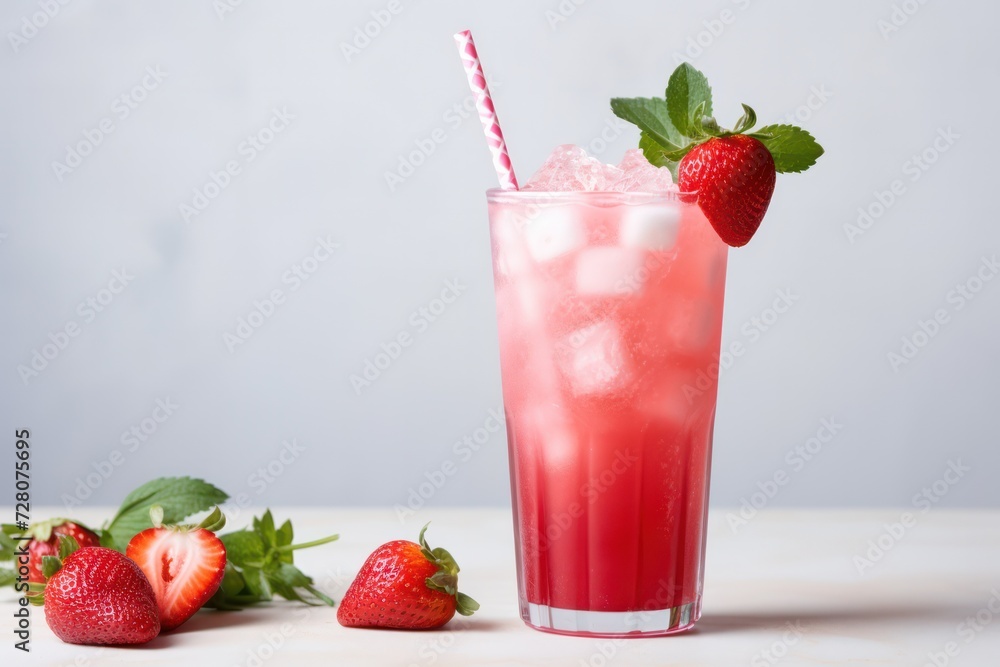 red fresh smoothie summer cocktail with strawberry, ice and mint at minimal gray white kitchen on the counter or table red fresh smoothie summer cocktail with strawberry, ice and mint at minimal gray white kitchen on the counter or table