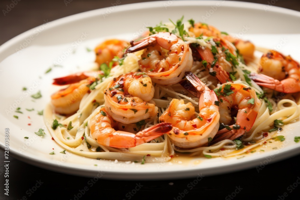 shrimp scampi with pasta dish in white plate closeup