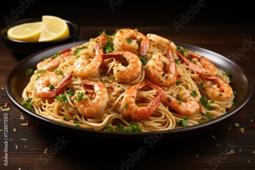 shrimp scampi with pasta dish on black background closeup