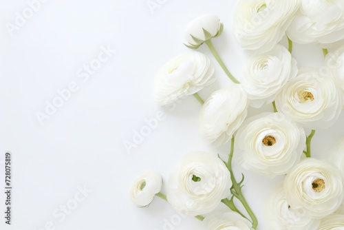 fresh white ranunculus flowers background with copy space left. Florist shop, beauty salon, manicure service, gift card flyer template and mock up. Mother's Day, anniversary and Valentines date.