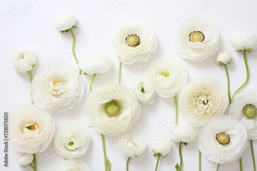fresh white ranunculus flowers background. Florist shop  beauty salon  manicure service  gift card flyer template and mock up. Mother s Day  anniversary and Valentines date.