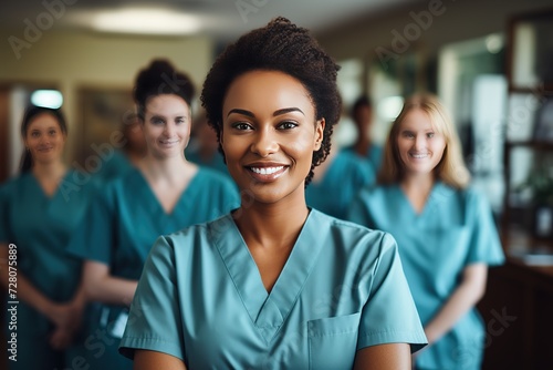 Female Nurse or Doctor in Teal Scrubs Standing with Medical Professionals in Hospital Setting