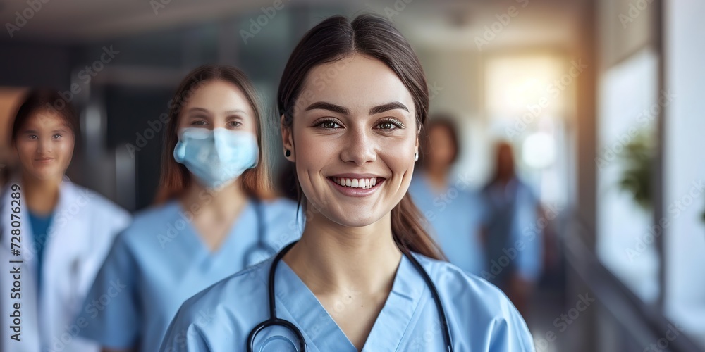 Smiling Nurse in Blue Uniform in Hospital Hallway, Isolated Stock Photo. Smiling Nurse in Blue Uniform in Hospital Hallway, Isolated Stock Photo.