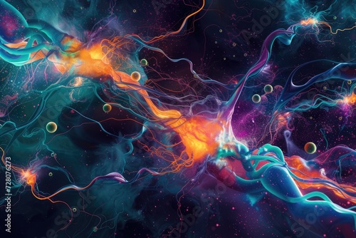 A vibrant and colorful illustration of neurotransmitters firing in the brain, representing chemical processes