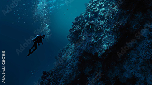 diver on the edge of a coral reef about to plunge into the deep ocean, realistic style, illustrating the transition from the known to the unknown, with attention to the intricate coral textures and th