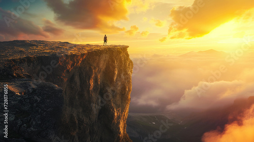 hiker at the edge of a cliff, gazing at a vast, unexplored landscape under a sunrise, metaphor for leaving comfort zone, photorealistic, with emphasis on the play of early morning light and shadow photo