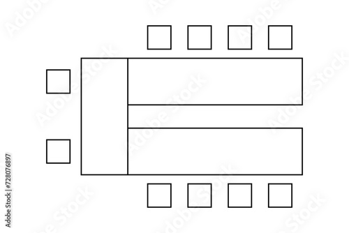 Seating arrangement in a business office or cabinet. Interior plan of seatings. Meeting, conference, waiting room layout. Top view. Table and chairs icons. Vector graphic illustration