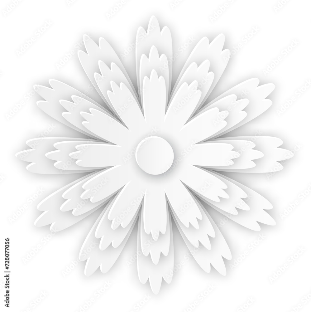 Paper flower. White craft botanical element for design. Flower shape with shadows. Natural spring blossom contemporary icon. Blank simple garden petal. Origami vector isolated illustration