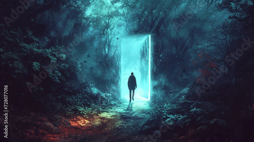 person stepping out of a brightly lit doorway into a dark, mysterious forest, symbolizing leaving the comfort zone, hyper-realistic style, with a focus on contrasting lighting and intricate details of photo