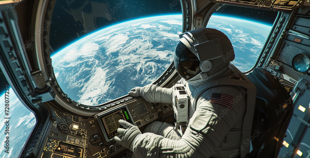 astronaut in a spacecraft, overlooking Earth from space, detailed space suit and spacecraft interior, Earth's curvature visible through the window, focus on the astronaut's awe and expertise, ambient astronaut in a spacecraft, overlooking Earth from space, detailed space suit and spacecraft interior, Earth's curvature visible through the window, focus on the astronaut's awe and expertise, ambient