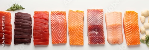 Fresh red fish selection - vibrant collage on white light, top view - perfect for seafood lovers