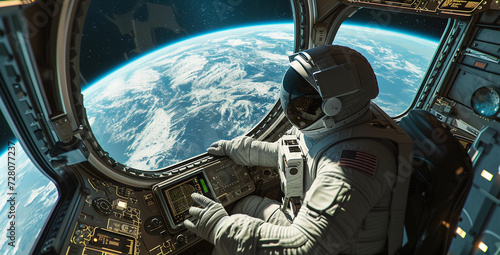 astronaut in a spacecraft, overlooking Earth from space, detailed space suit and spacecraft interior, Earth's curvature visible through the window, focus on the astronaut's awe and expertise, ambient 
