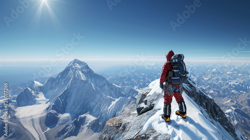expert mountaineer at the summit of a snow-capped mountain, panoramic view of the surrounding peaks, detailed textures of snow and rock, clear blue sky, focus on the mountaineer's triumphant pose with