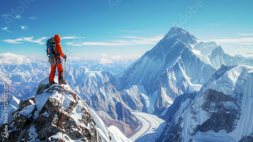 expert mountaineer at the summit of a snow-capped mountain, panoramic view of the surrounding peaks, detailed textures of snow and rock, clear blue sky, focus on the mountaineer's triumphant pose with