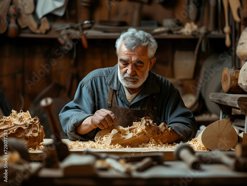 skilled artisan in a woodworking workshop, surrounded by handcrafted wooden sculptures, fine wood shavings on the floor, warm ambient lighting, focus on the artisan's experienced hands working on a de