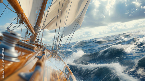 sailor navigating a yacht at sea, detailed rigging and sails, ocean spray and waves, focus on the sailor's skilled hands on the wheel and determined look, vast ocean and sky in the background, sense o photo