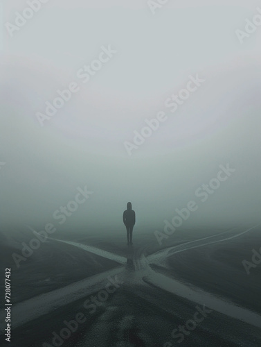person standing at a crossroads in a dense fog  signifying leaving the comfort zone  focus on the mood of uncertainty and detailed fog texture enveloping the paths