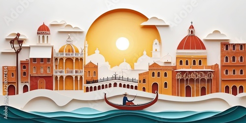 Multidimensional Venice city sun set colorful paper cut style great canal vector illustration, gandola. Good for postcards, about travel poster and canvas. Peach color. Generative AI