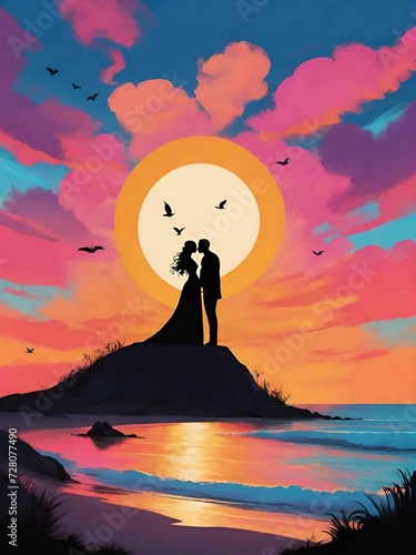 Al Tramonto dell'Amore: Silhouette Romantica Sotto il Cielo Infuocato photo