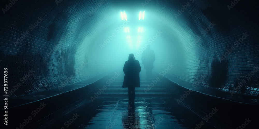Menschen im Tunnel mit blauen Licht düster und mit Nebel, ai generativ - obrazy, fototapety, plakaty 