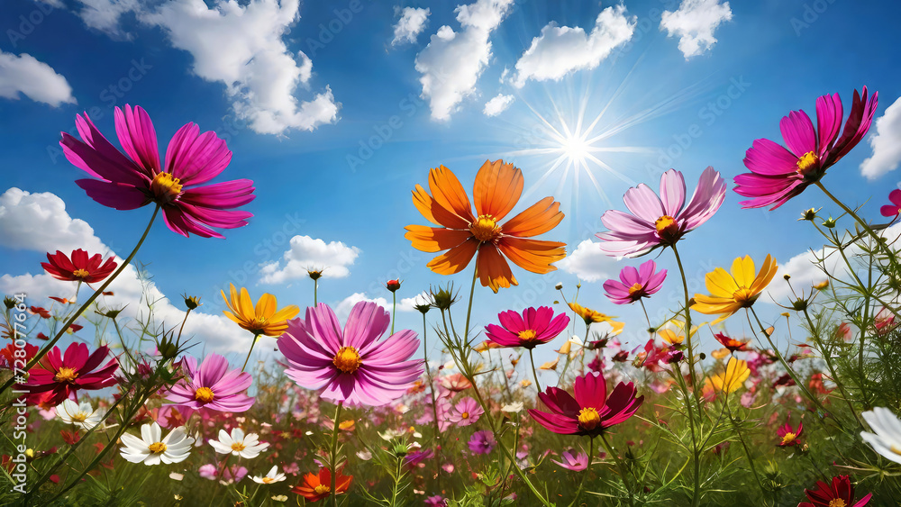 Colorful cosmos flowers in the meadow against blue sky at sunny day.Natural floral background. Banner for design.AI generated.