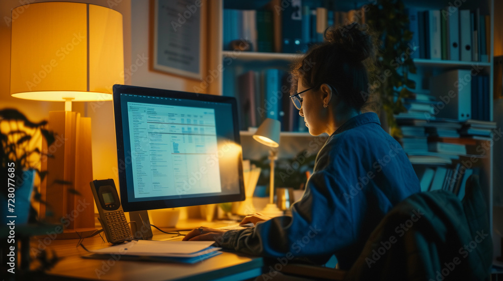 person at a desktop computer, on-screen a detailed feedback form filled out, the room lit by a desk lamp casting a warm glow, background showing a bookshelf filled with professional literature, emphas