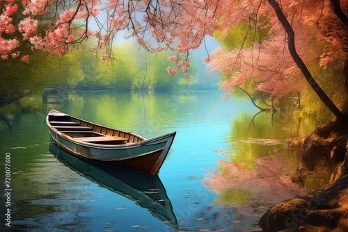 As the petals dance on the breeze, boats sway in harmony with nature's symphony