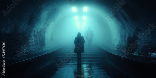 Menschen im Tunnel mit blauen Licht düster und mit Nebel, ai generativ