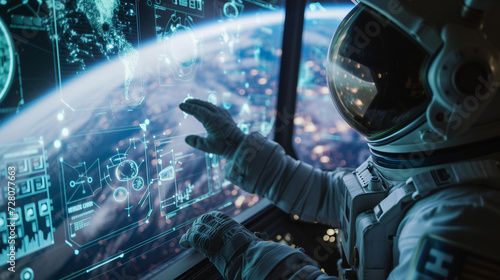 astronaut in a space station observing Earth, analyzing a floating holographic display showing predictive models of planetary changes, the Earth visible through a large window in the background