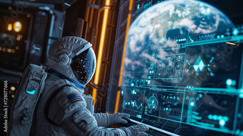 astronaut in a space station observing Earth, analyzing a floating holographic display showing predictive models of planetary changes, the Earth visible through a large window in the background