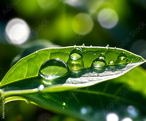 water drops on a green leaf reflecting in the sunlight © dkimages