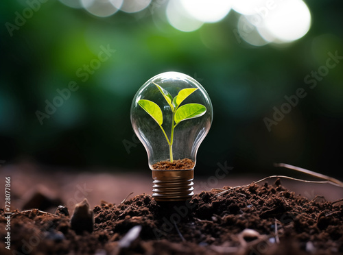 small green plant growing inside a light bulb © dkimages