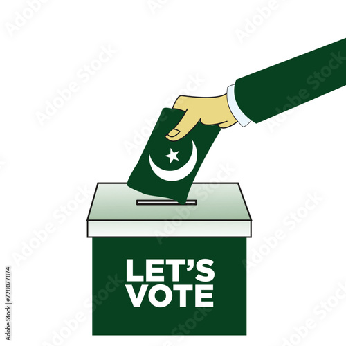 "Let's Vote" vector design Ballot Box with hand and Pakistan Flag. Pakistan General Election Voting Concept on a white background. Ideal for use in campaign posters and banners. EPS Editable Format.