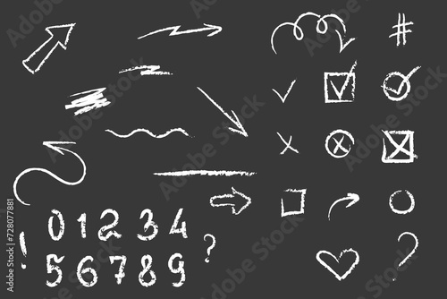 Vector Set of hand drawn symbols for notes. Arrows, cross, marks and numbers. Doodle marker drawing photo