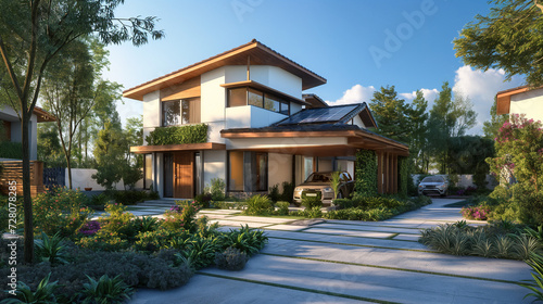 Generate a detailed and realistic image of a modern suburban house  highlighting its eco-friendly features with a state-of-the-art photovoltaic system on the gable roof  a well-maintained landscaped y