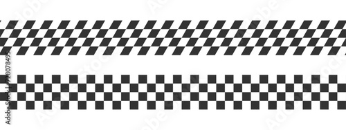 Race flags or checkerboard backgrounds. Chess game or rally sport car competition wallpaper. Slanted black and white squares pattern. Banners with checkered texture photo