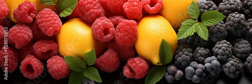 Berrylicious raspberry lemon mint blackberry - top view fruity delight on dark background