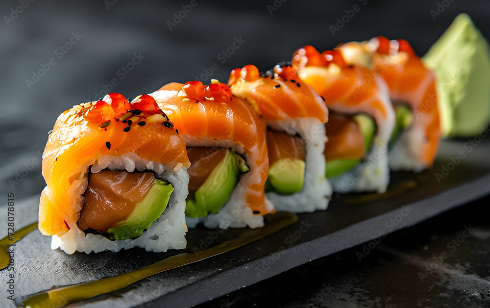 Sushi rolls with vibrant toppings and drizzled sauce. Sushi rolls with vibrant toppings and drizzled sauce.