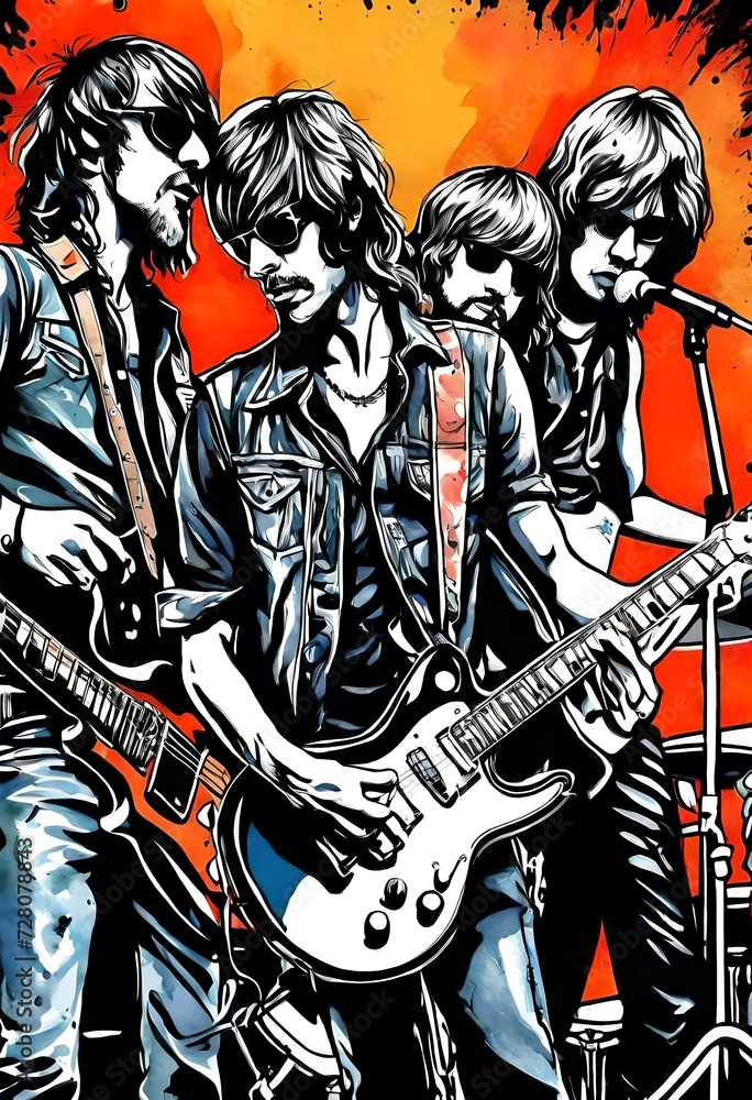 illustration of a rock and roll male guitar player in a rock band playing a concert illustration of a rock and roll male guitar player in a rock band playing a concert